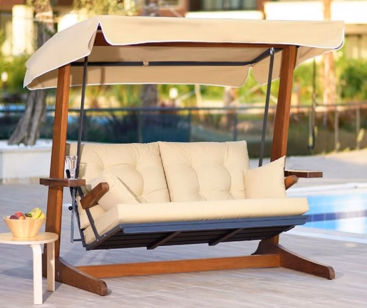 Casa Padrino Luxury Hollywood Swing Crema / Marrone - Moderna altalena da giardino resistente alle intemperie con tettuccio parasole - Mobili da giardino per hotel - Collezione