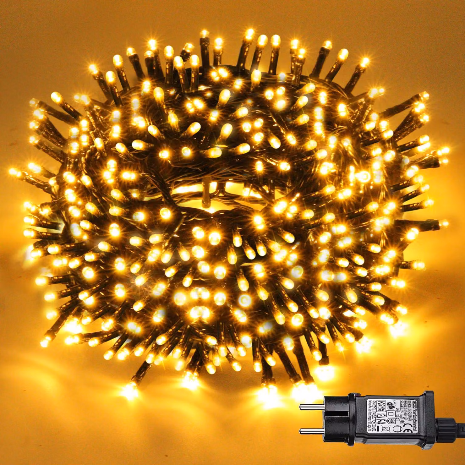 Catena luminosa con 300 LED, lunghezza 30 metri, luce bianca calda, con spina e grado di protezione IP44