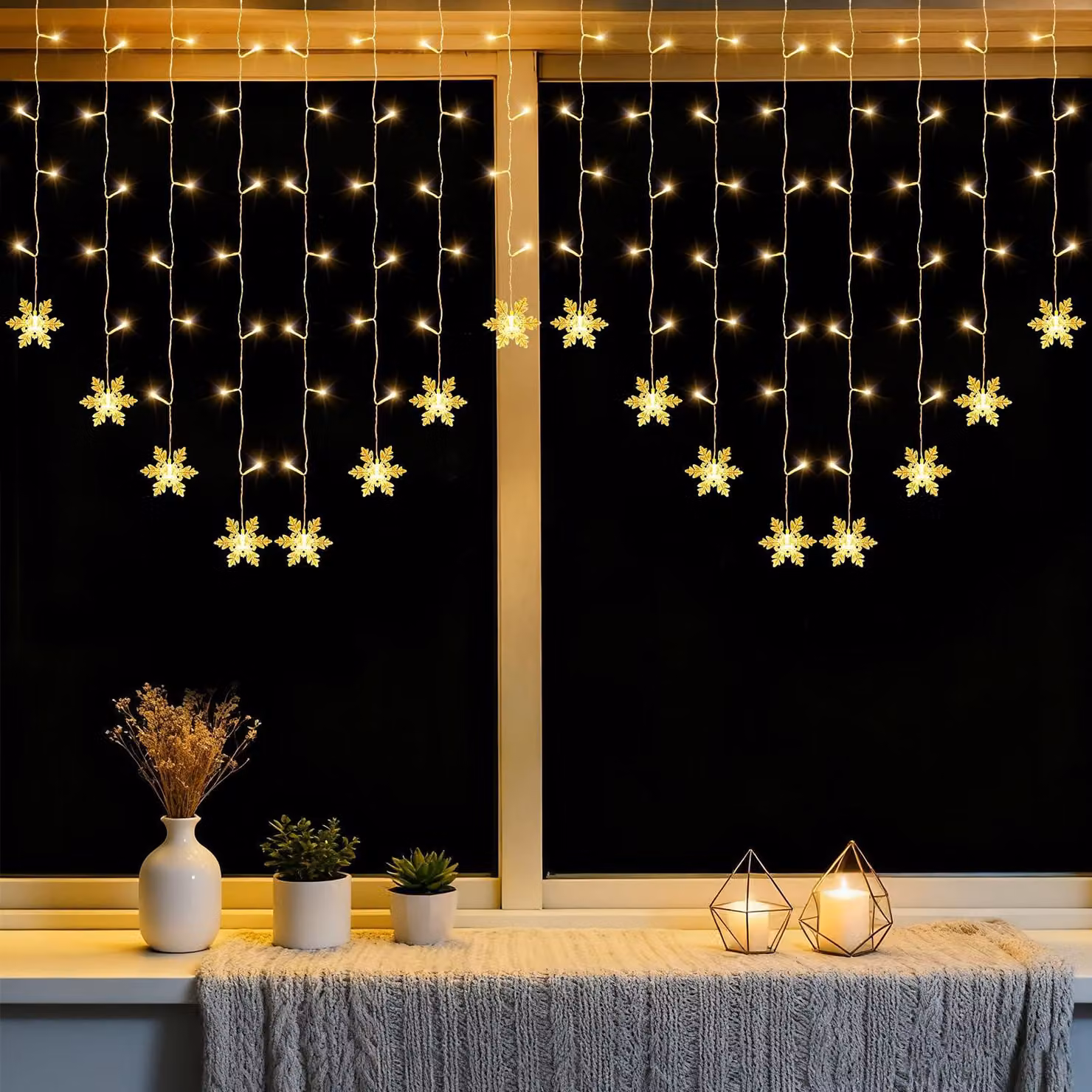 Tenda luminosa a forma di fiocchi di neve per Natale, dimensioni 2 x 1 metro, 104 LED, alimentazione tramite USB