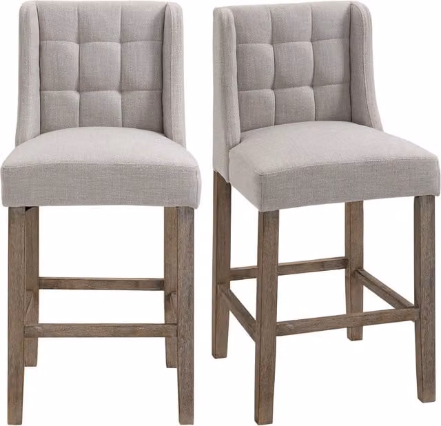 Set di 2 sgabelli da bar con schienale, trapuntatura a bottoni, in legno massello, con poggiapiedi incluso, 47 cm x 50 cm x 101 cm, grigio + naturale