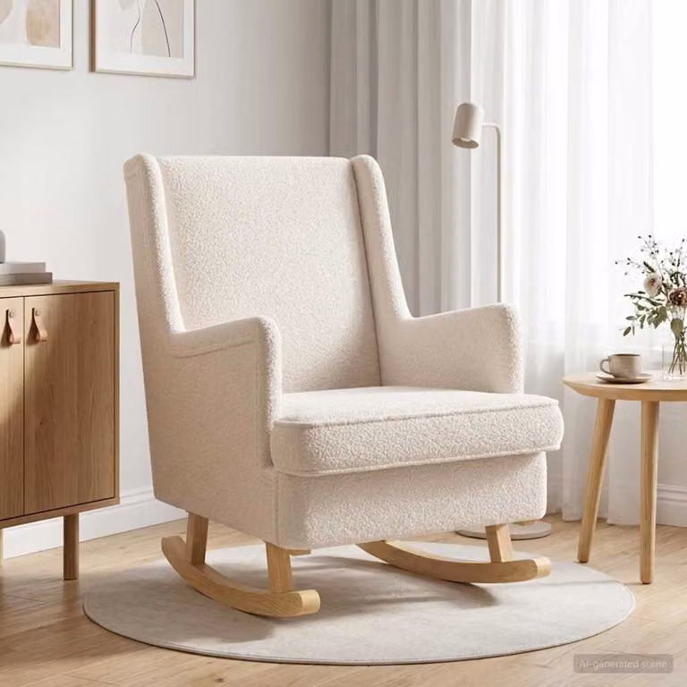 Sedia a dondolo moderna vidaXL in tessuto bouclé beige con braccioli, L: 62 cm, P: 80 cm, H: 85 cm