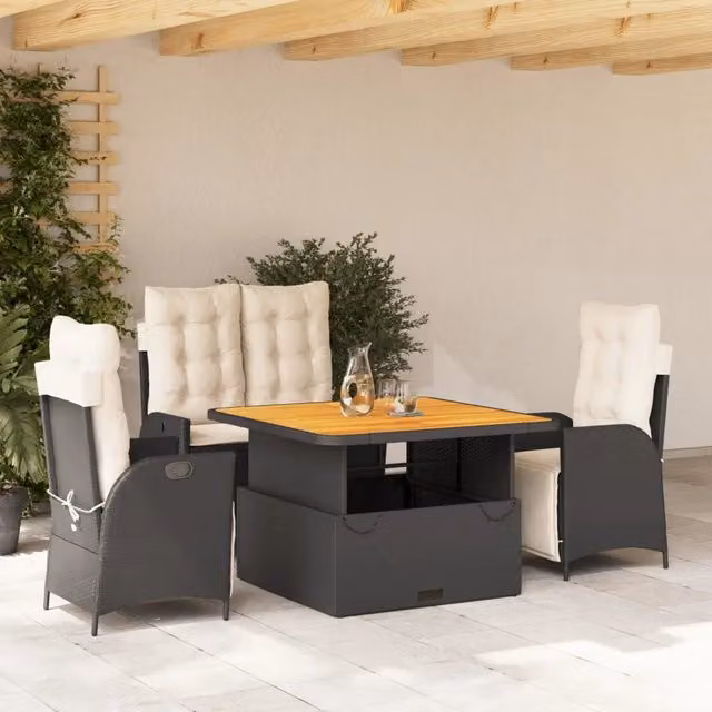 Set da Pranzo da Giardino 4 pz con Cuscini Nero in Polyrattan 3277441