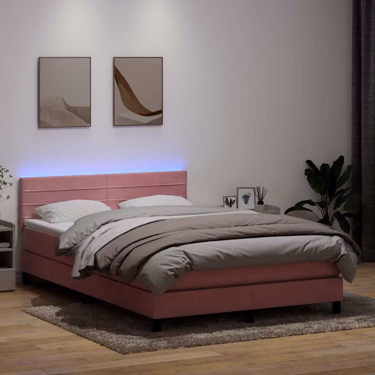 Letto Ibrido con Materasso e Illuminazione LED vidaXL in Velluto Rosa, L/P/H: 144 x 223 x 88 cm