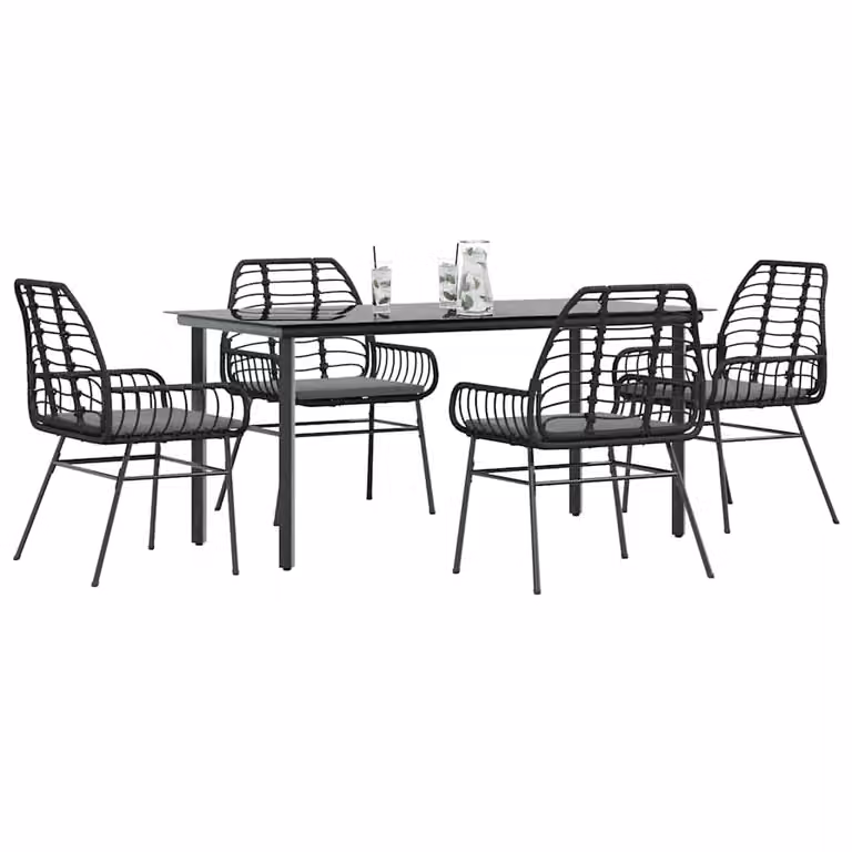 Set da pranzo da giardino vidaXL in polyrattan con tavolo in vetro e 5 cuscini, grigio e nero