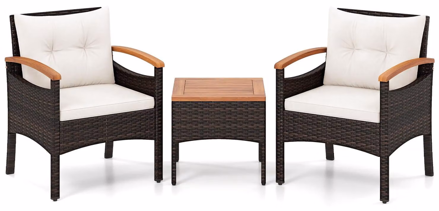Set da giardino in rattan da 3 pezzi con cuscini e tavolino