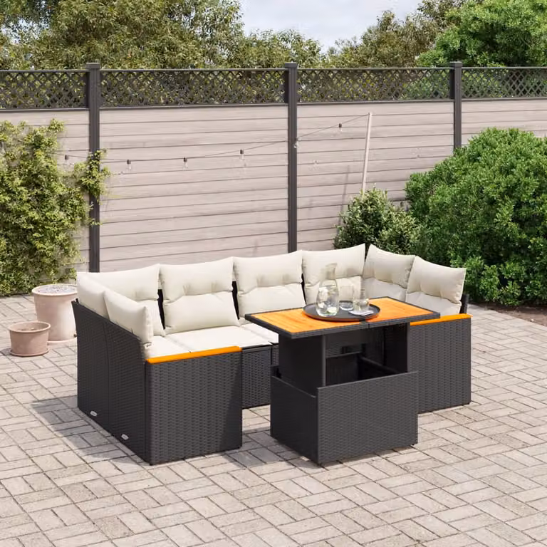 vidaXL Set Divani da Giardino a L con Cuscini 7pz in Polyrattan Nero e Legno di Acacia