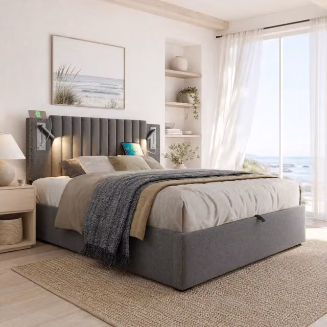 Letto contenitore 180x200 cm grigio rivestimento in cotone, contenitore e luci USB, senza materasso