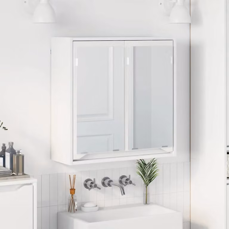 Mobiletto per specchio da bagno vidaXL Bianco Lucido con ante in vetro e specchio, L: 60 cm, P: 20 cm, H: 60 cm