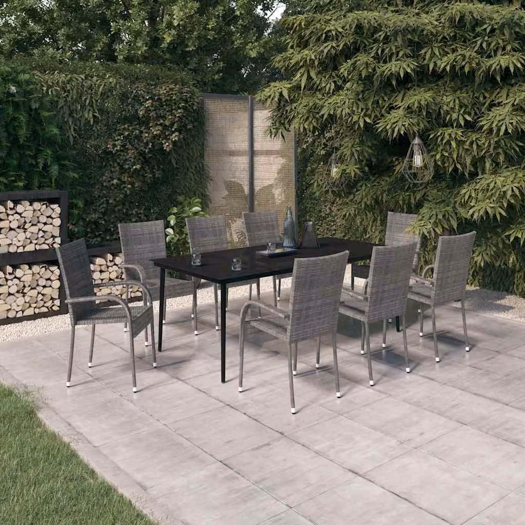 Set da pranzo per giardino vidaXL in rattan con tavolo in vetro e 9 pezzi, colori grigio e nero