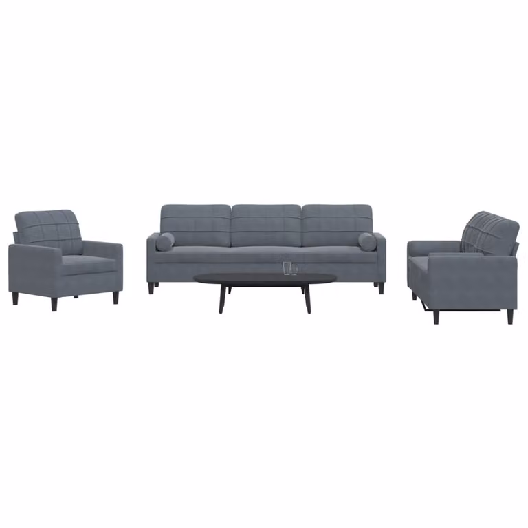 Set di divani vidaXL da 3 pezzi in velluto grigio con cuscini e struttura in metallo per soggiorno