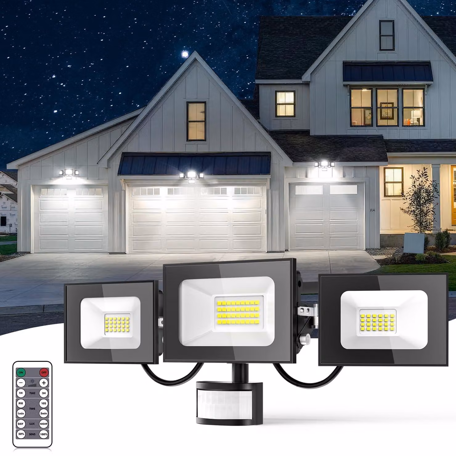 Faretto LED da esterno, 100 W, 10.000 lumen, 3 luci, grado di protezione IP65, sensore PIR