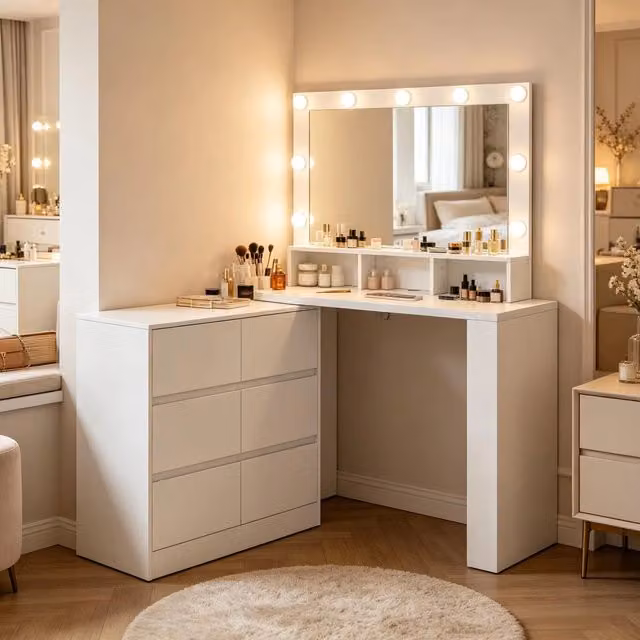 Toeletta Mivray Hollywood LED con specchio regolabile e 6 cassetti, colore bianco, L: 134.5 cm, P: 40 cm, H: 90 cm