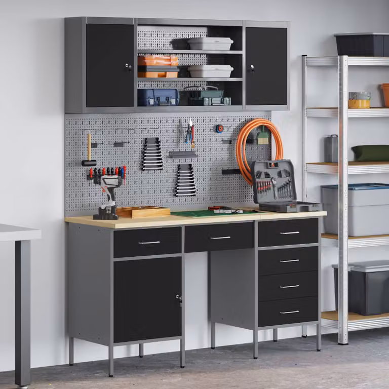 Carrello da lavoro mobile vidaXL 7 pezzi in legno ingegnerizzato e acciaio, Nero