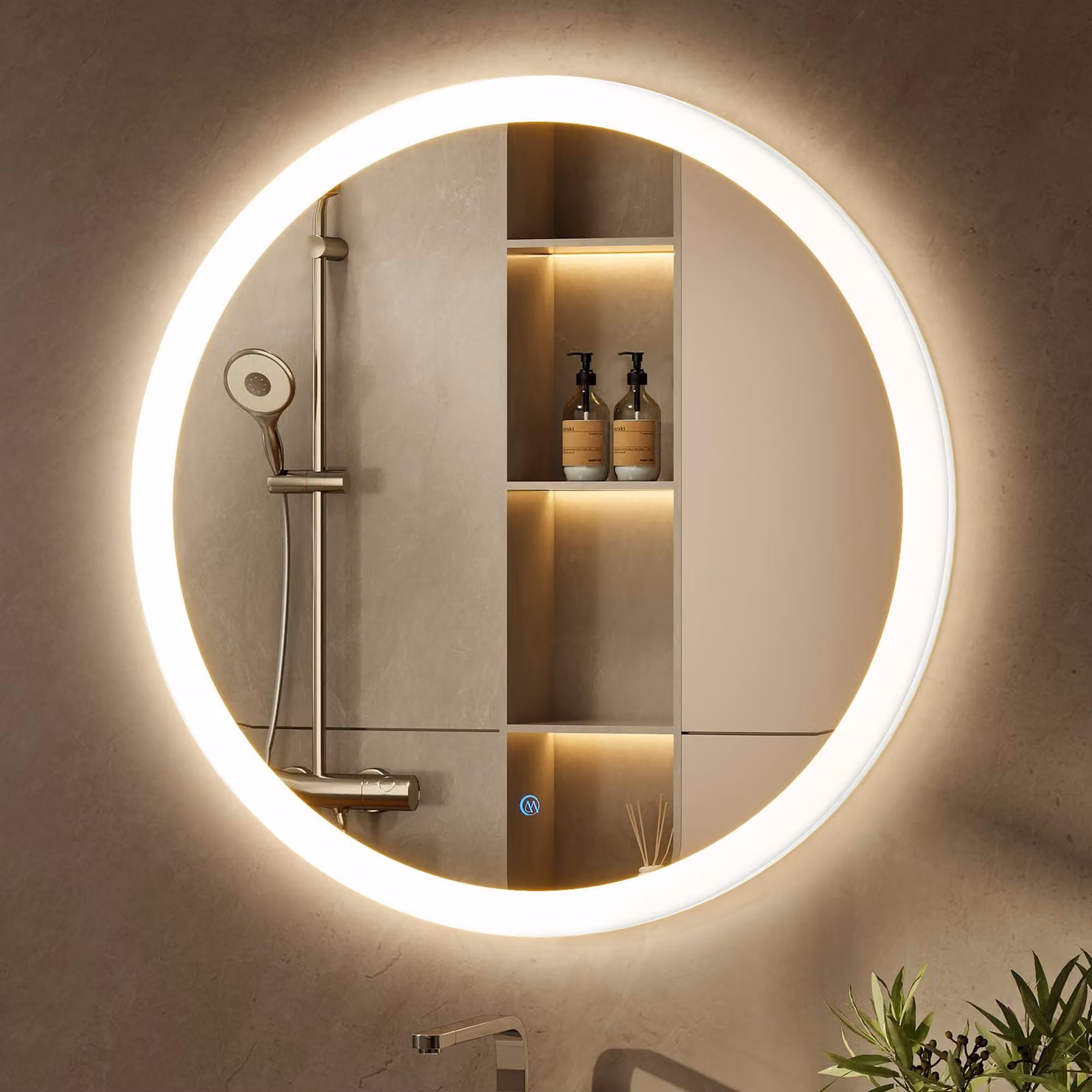 Specchio da bagno LED rotondo, 28 pollici, 3 temperature di colore, dimmerabile, antiappannamento