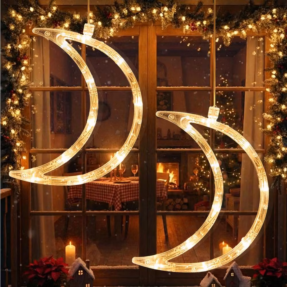 LED Natale Stella Finestra Luci 2 pezzi bianco caldo LED Luna Luci Finestra Fata Luci appeso Batteria Porta di Natale Casa Party Decorazione