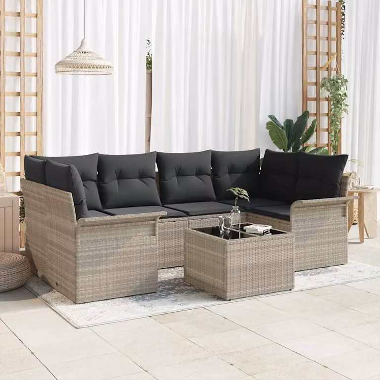 Set Divano da Giardino a L con Tavolino vidaXL, 7 Pezzi, Grigio, Polyrattan e Acciaio Verniciato a Polvere