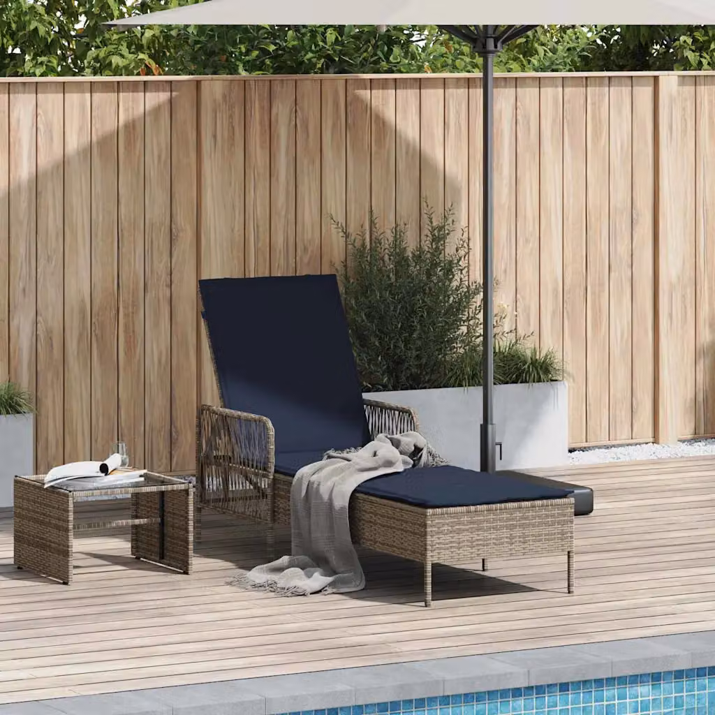vidaXL Lettino da sole in polyrattan con poggiatesta regolabile, Grigio e Blu Navy