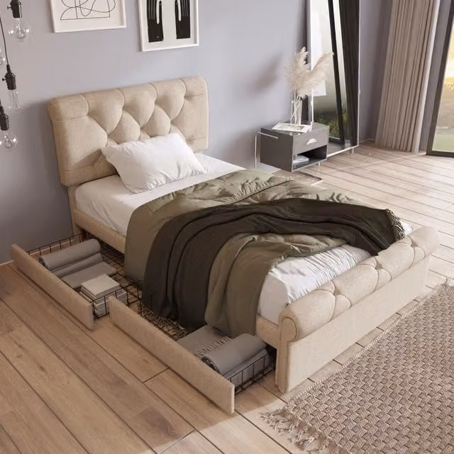Letto singolo 90x200 cm imbottito con testiera regolabile; due cassetti; tessuto color naturale