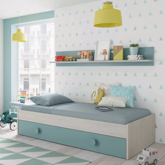 Letto singolo Aqua DMORA per camerata con cassettone e mensola, Bianco e Verde acqua, L: 199 cm, P: 90 cm, H: 65 cm