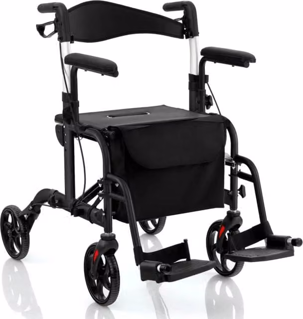 Deambulatore 2-in-1 con ausilio per camminare pieghevole e sedile grande-Deambulatore porta ombrello e borsa per persone con disabilit¨¤ Nero