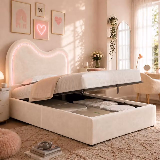 Letto imbottito 90x200 cm con contenitore idraulico, rete a doghe e LED in velluto beige