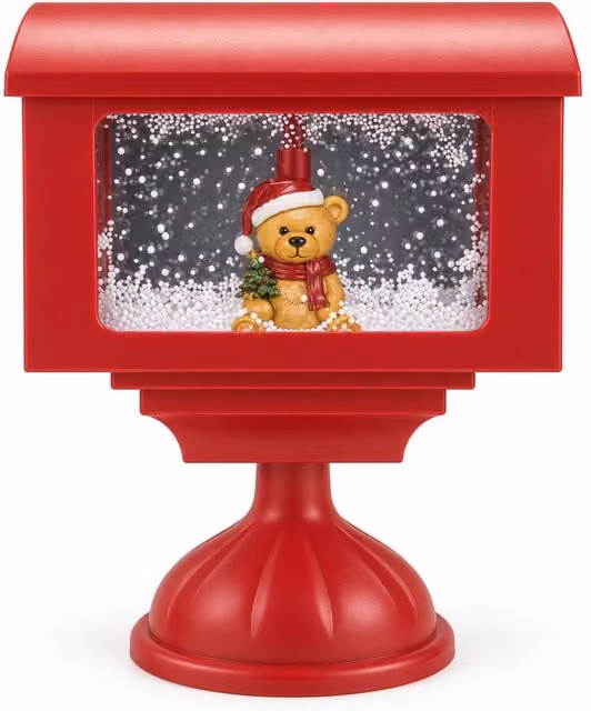 Lampione decorativo natalizio a cassetta postale con effetto neve, luci LED e musica, 2 varianti Babbo Natale o Orsetto, altezza 41 cm, a batterie