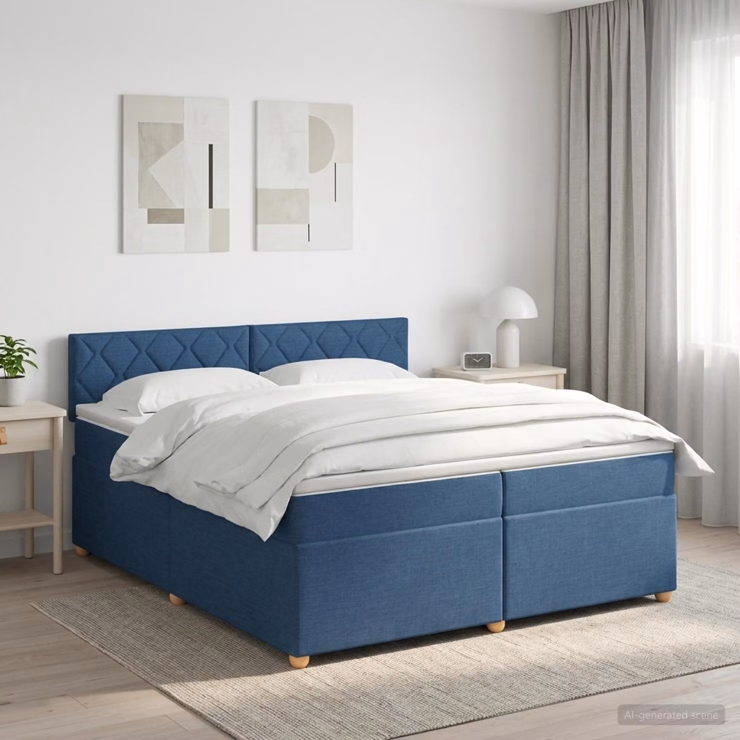 Letto box spring con materasso ibrido vidaXL in tessuto blu e bianco L/P/H: 200 x 200 x 88 cm