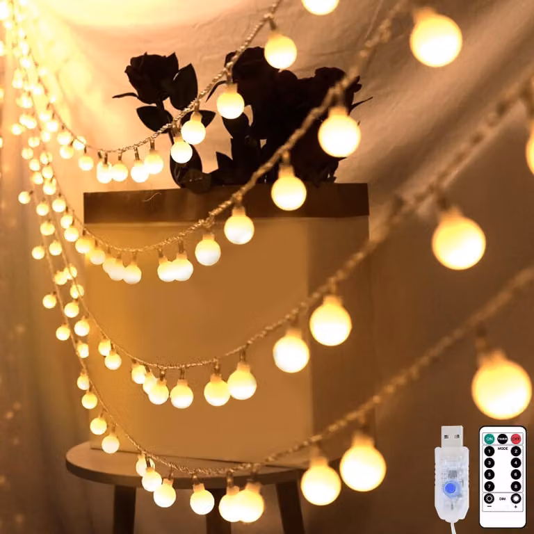 Catena luminosa a LED, 11 metri, 100 LED bianco caldo, alimentazione USB, 8 modalità, timer