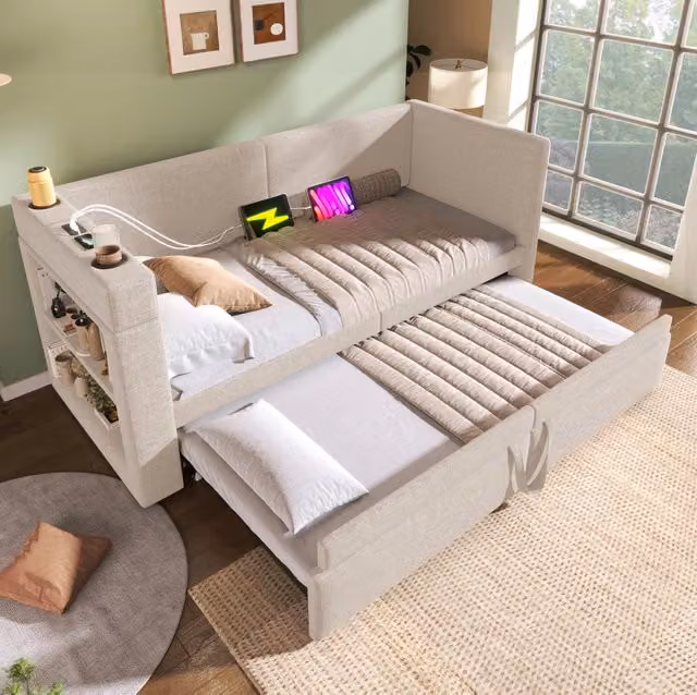 Divano letto estraibile ULEVR 90x200 cm con letto supplementare, USB/Type-C e portabicchieri, beige