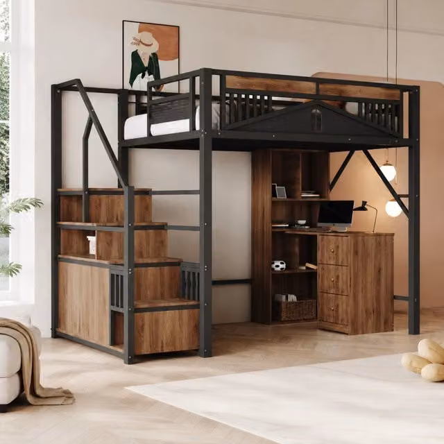 Letto a soppalco 140x200 cm nero in metallo e legno con scala contenitore