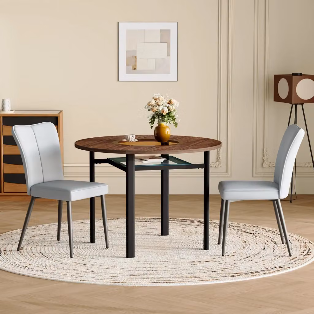 Set da pranzo moderno MIVRAY con tavolo rotondo e 2 sedie in vetro, metallo e MDF, colori marrone, nero e grigio – 2