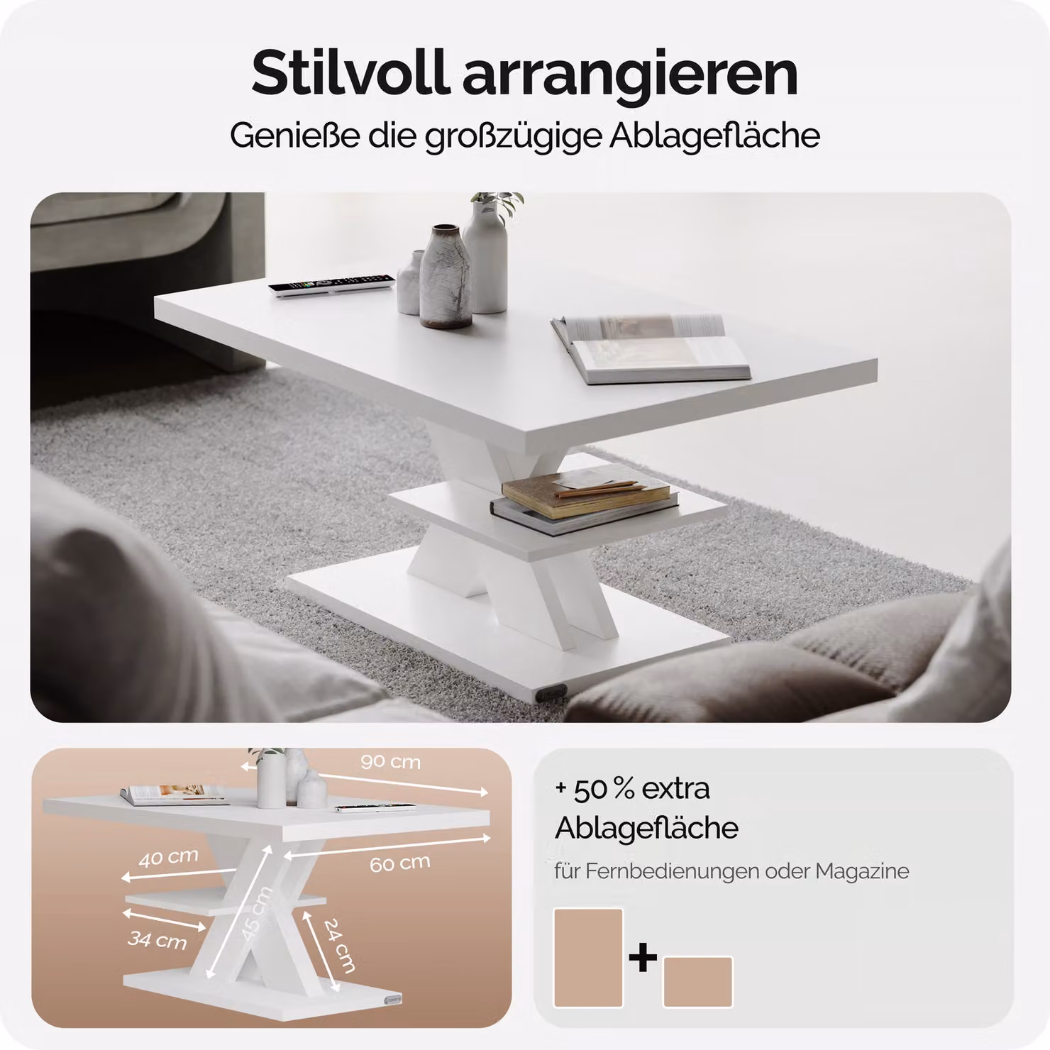 Tavolino rettangolare CASARIA bianco opaco L/P/H: 90 x 60 x 45 cm – 2