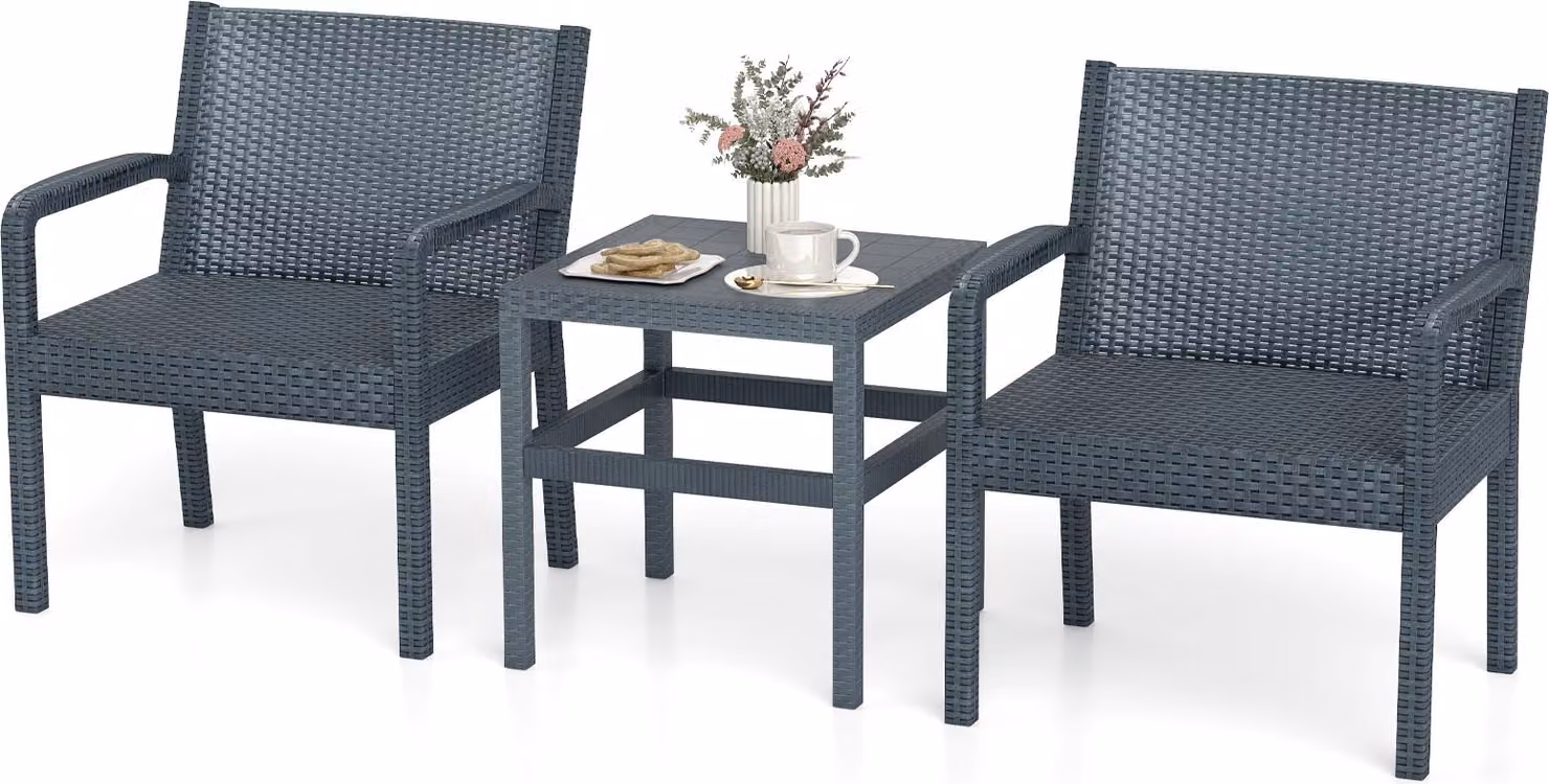 set di mobili da giardino 3 pezzi, mobili da patio con 2 poltrone in rattan e tavolino quadrato, sedute ergonomiche in stile moderno, grigio