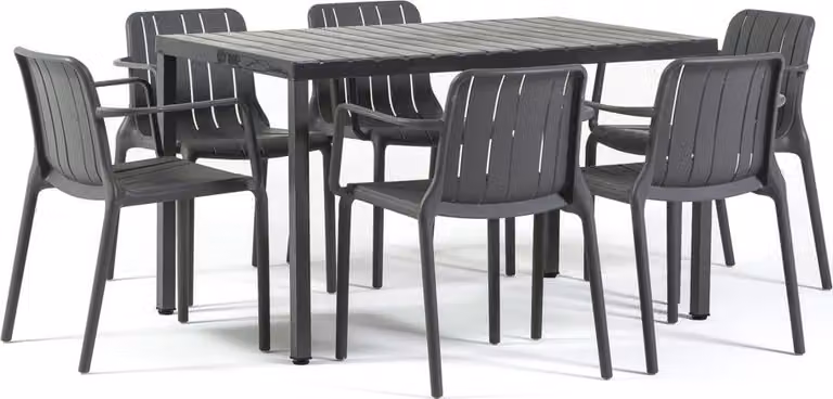 Set da pranzo per esterni con tavolo rettangolare 130×80 cm e 6 sedie con braccioli in polipropilene con fibra di vetro, set di mobili da esterno moderno per giardino, terrazza, dehors, bar e ristorante – Zeno & Ginny – Grigio scuro