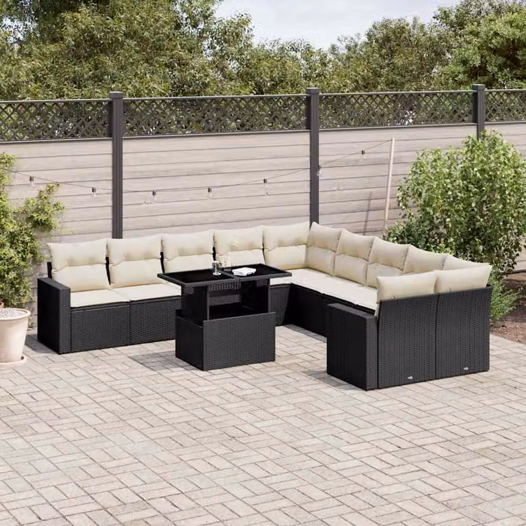 vidaXL Set Divani da Giardino 11 pz a Forma a U con Cuscini in Polyrattan e Struttura in Acciaio Nero e Bianco