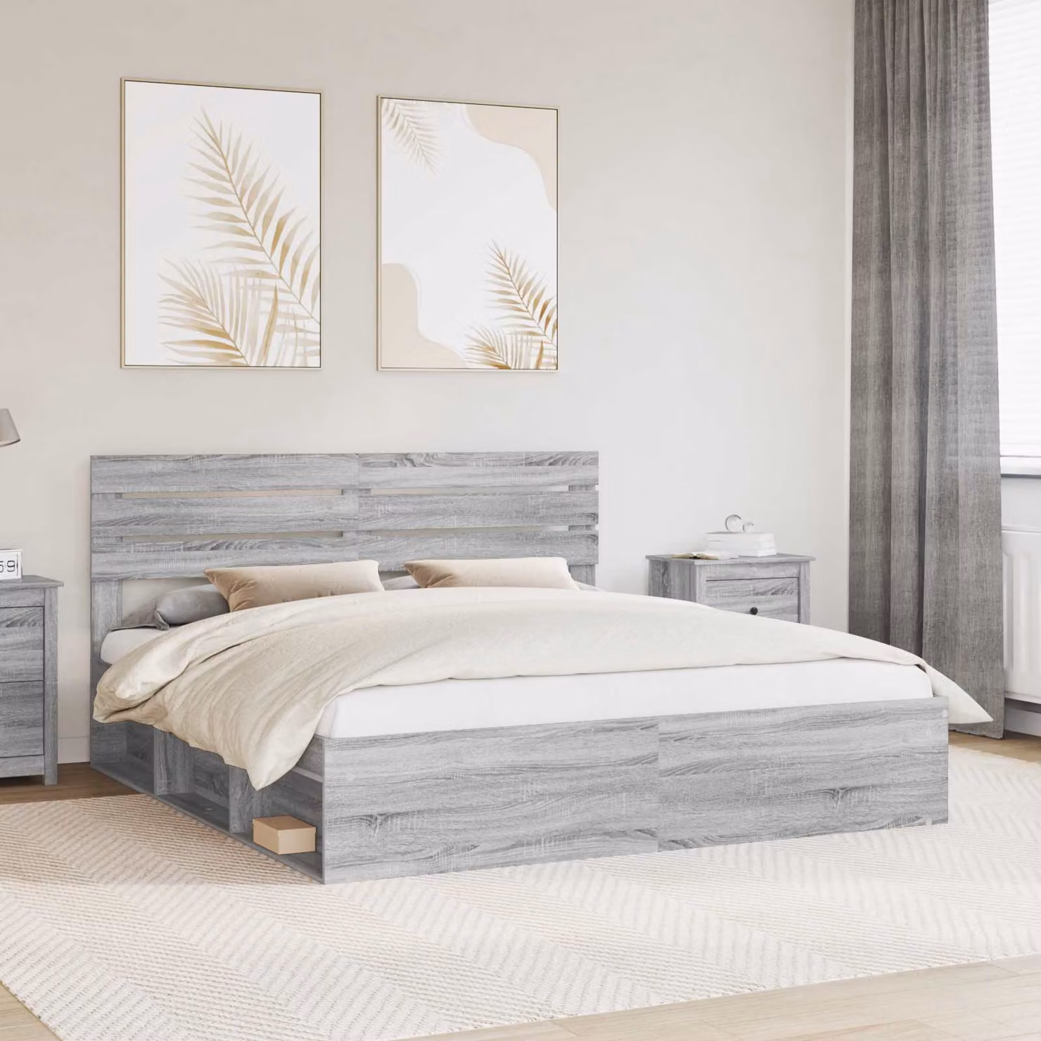 Struttura del letto moderna vidaXL in pino massello e MDF, colore Grigio Sonoma, L 180 x P 200 cm