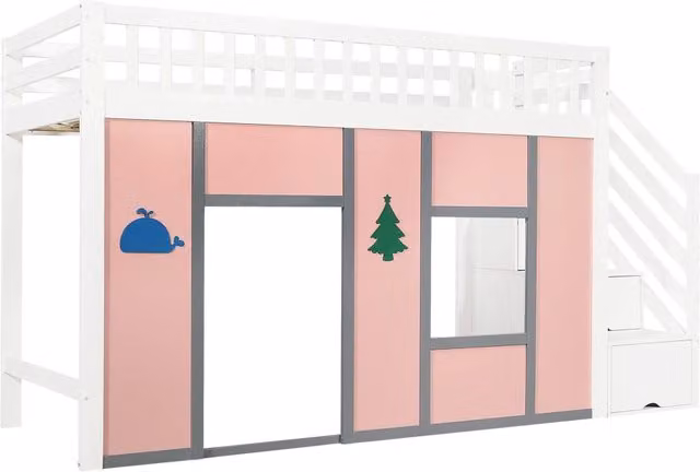 Letto a Soppalco Singolo per Bambini in Legno e MDF con Scala Contenitore, Illuminazione LED e Sponda, Bianco e Rosa, L/P/H: 200 x 90 x 142 cm