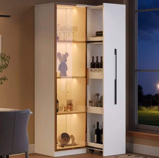 Vetrina bianca in MDF con LED, vetro ambrato e modulo laterale