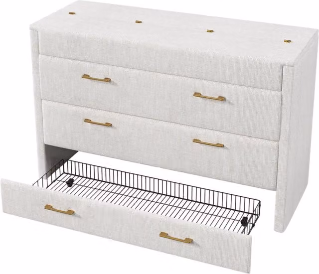 Letto a scomparsa 140x200 cm in lino beige con cassetto, prese USB/Tipo-C e vano portaoggetti
