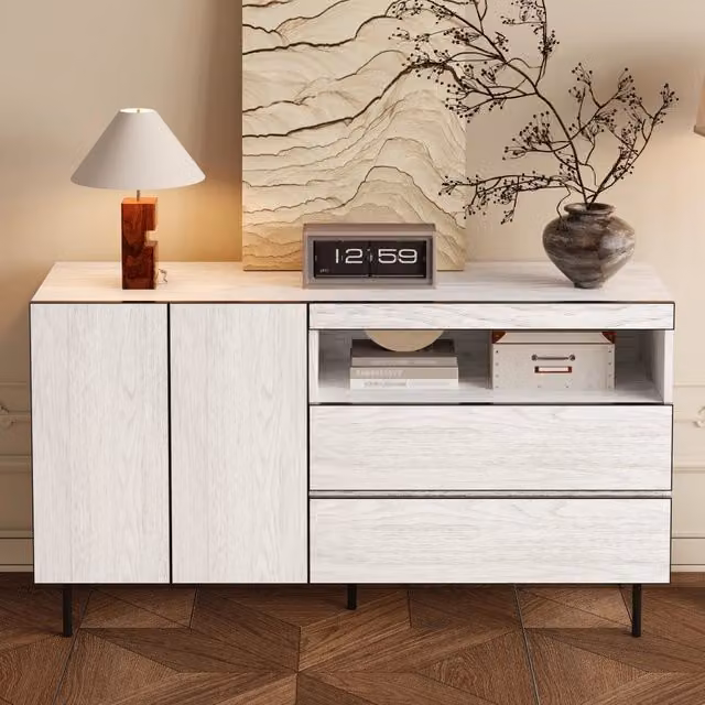 Sideboard REDOM bianco con 2 ante, 2 cassetti soft close e ripiani aperti, L 140 cm x P 42 cm x H 77 cm