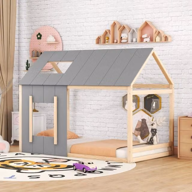 Letto a forma di casa REDOM per bambini in pino e MDF, naturale e grigio, L/P/H: 90 x 200 x 151 cm