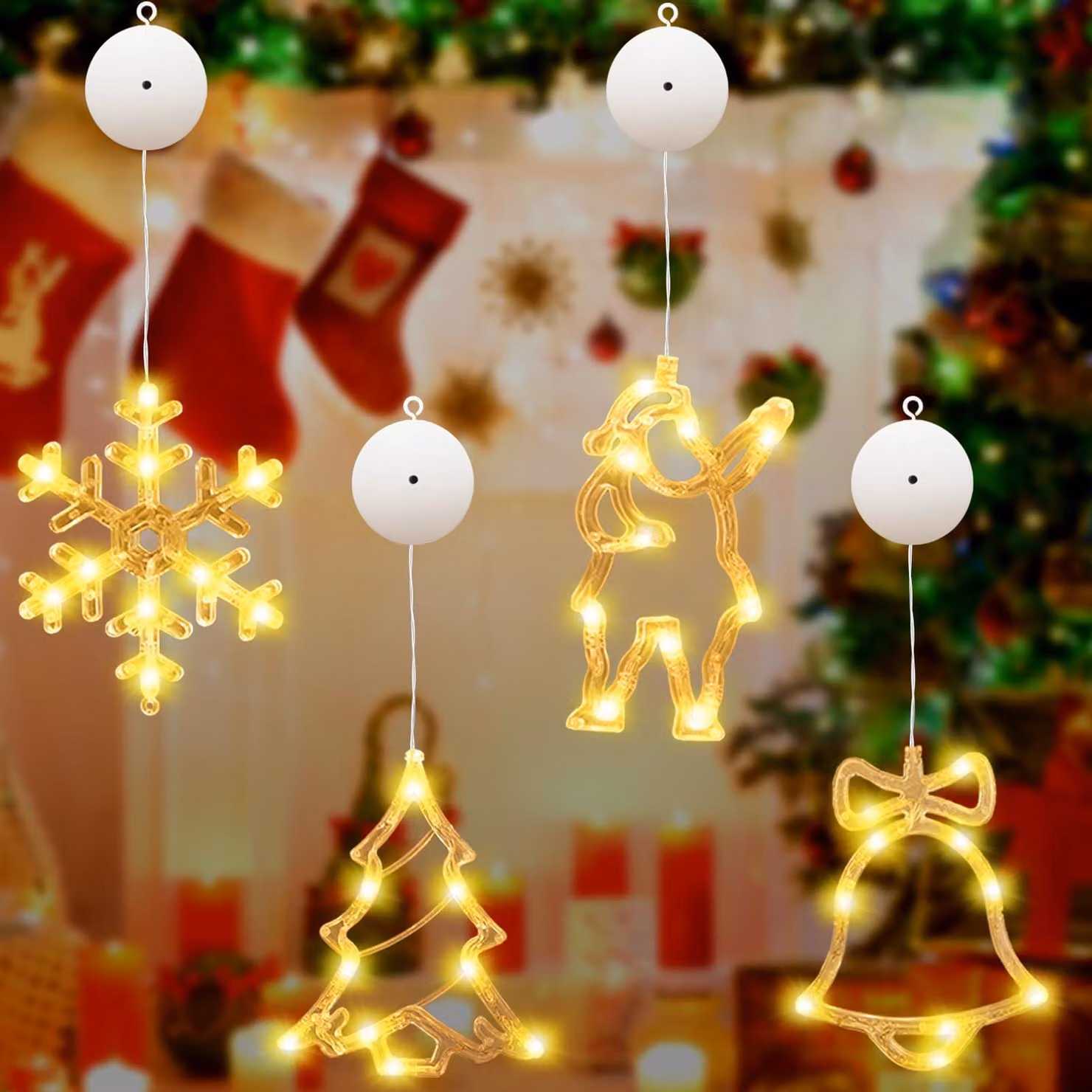 Catena luminosa a LED con 4 ventose, luce bianco caldo, cavo da 20 cm, alimentazione a batteria