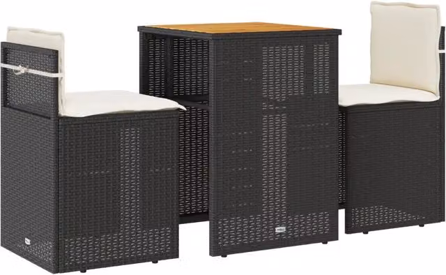 Set da bistrò moderno in legno di acacia oliato e polyrattan con cuscini, 3 pezzi, nero e bianco