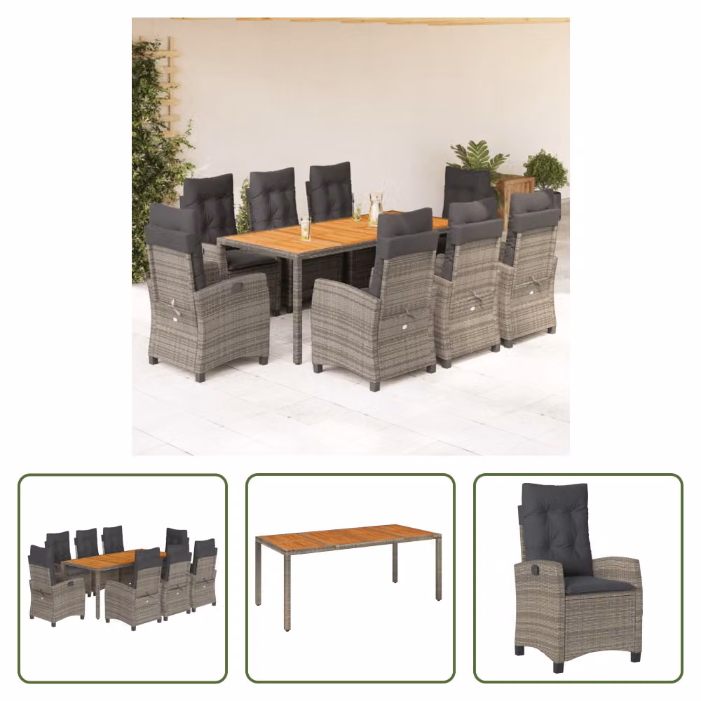 The Living Store Set da pranzo da giardino 9 pezzi con cuscini in poly rattan grigio