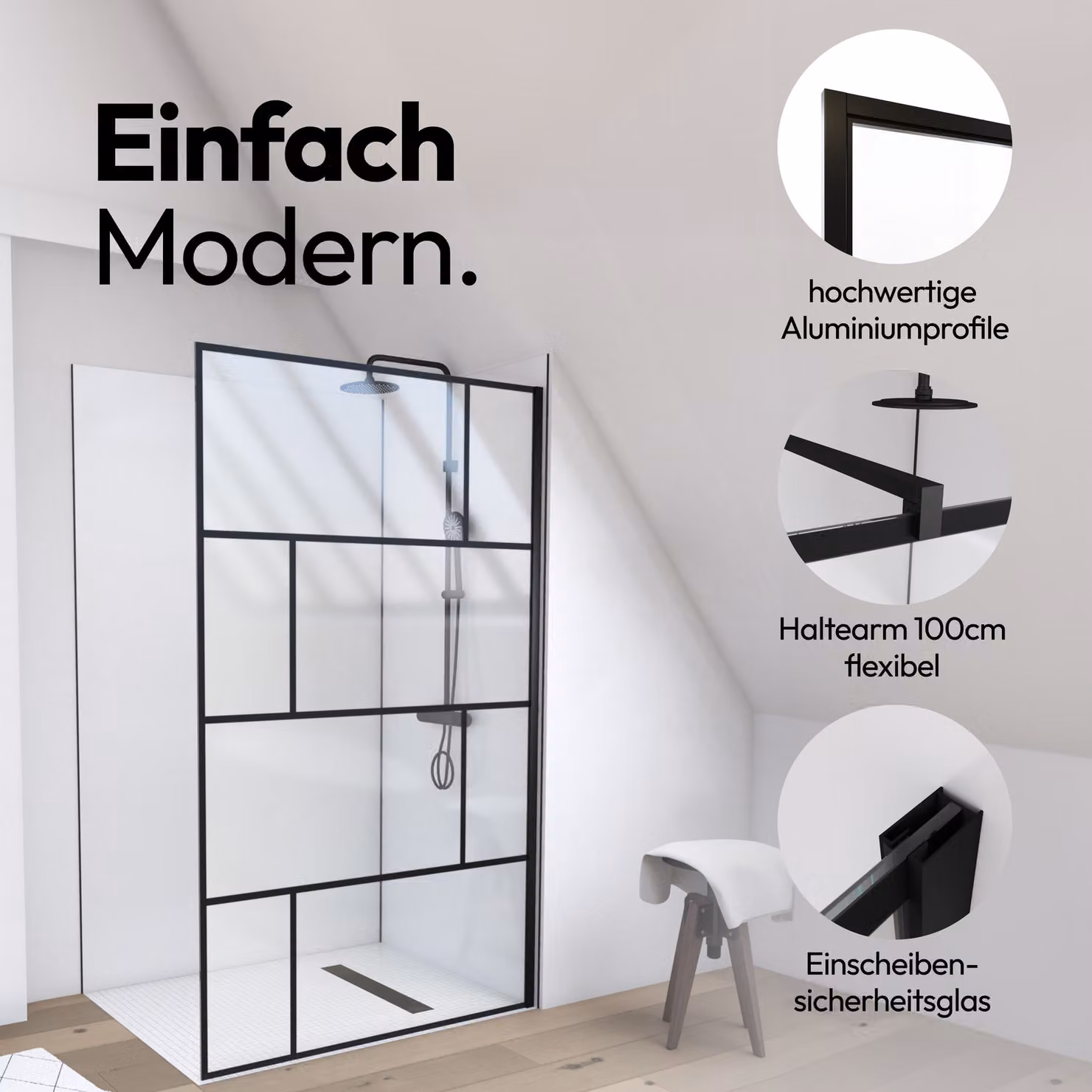 Schermo doccia MARWELL dal design moderno 120 x 195 cm - parete divisoria in vetro con profilo a parete nero opaco - con vetro temperato di sicurezza