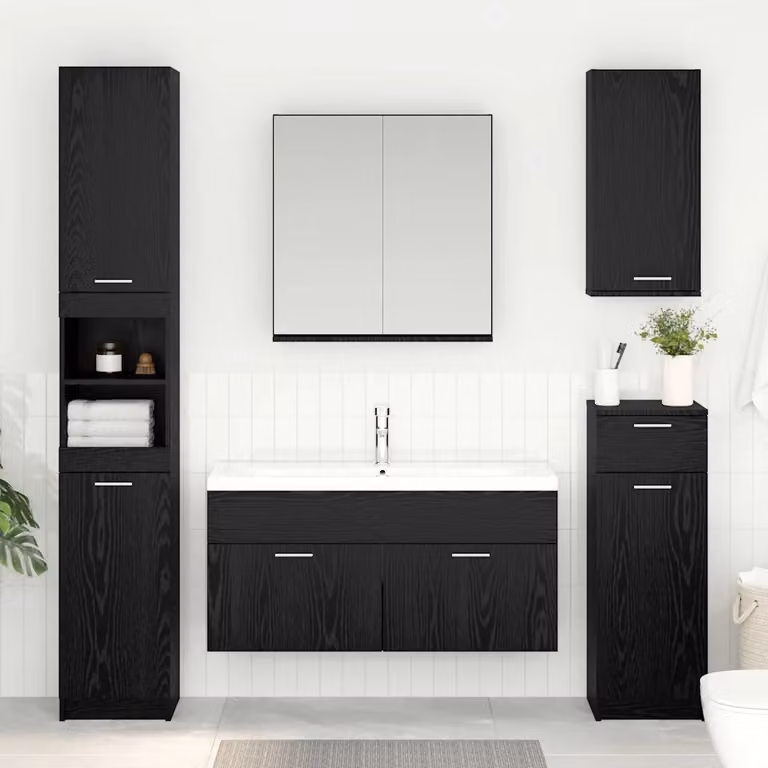 Armadio sottolavello da bagno moderno vidaXL in legno MDF, colore nero e marrone, con ante a cerniera e ripiani interni, sospeso a parete
