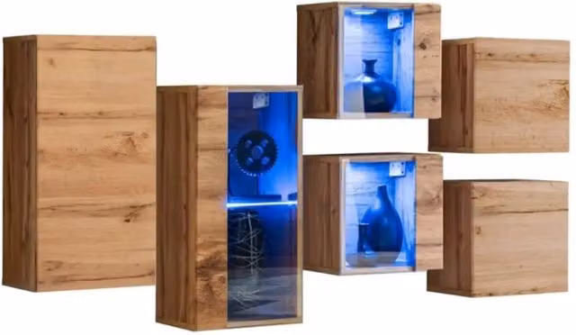 Set di mobili da salotto SWITCH SBIV design. Colorazione rovere. Sistema LED integrato.