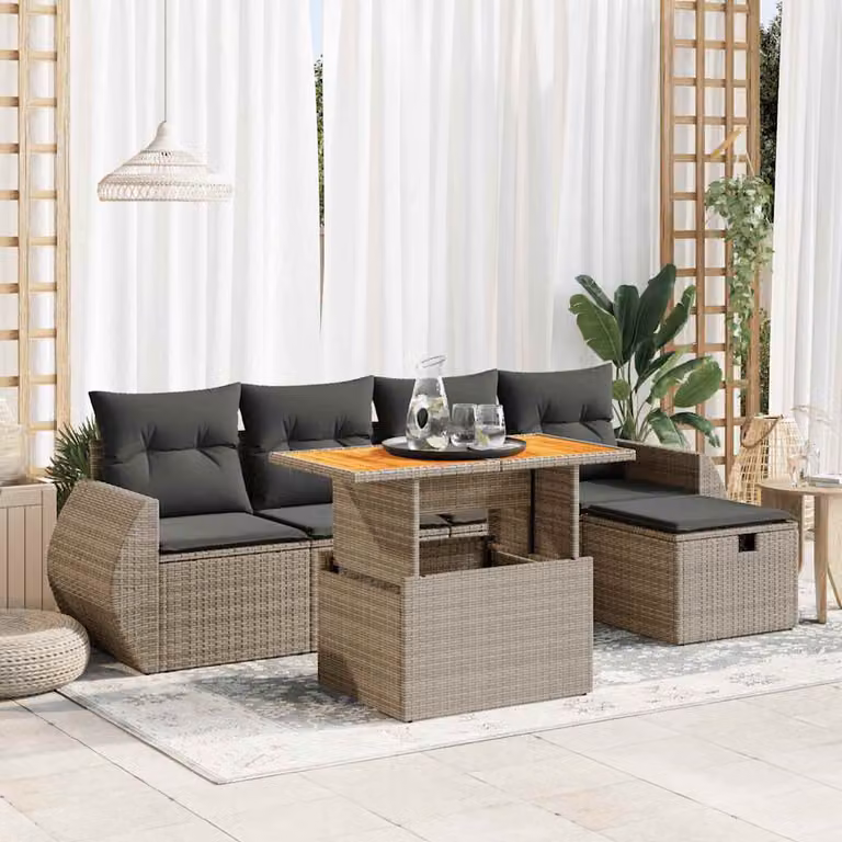 Set Divano da Giardino a L vidaXL in Polyrattan e Legno di Acacia Grigio con 6 Pezzi e Cuscini