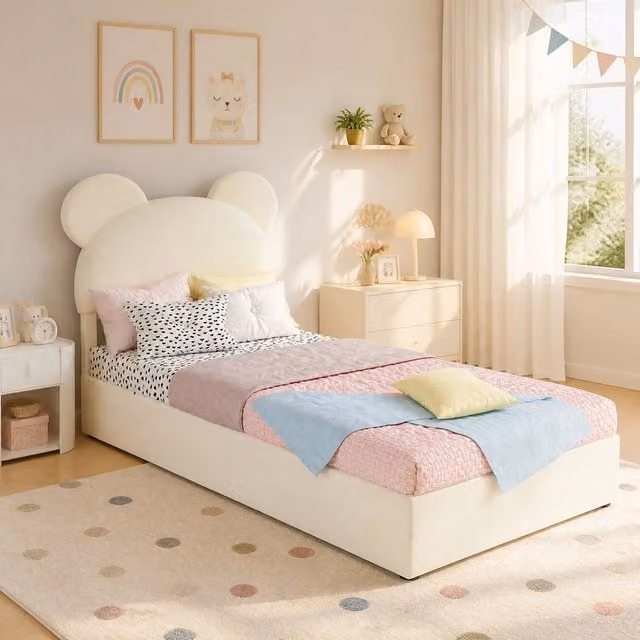 Letto imbottito 90x200 cm beige con testiera cartoon e contenitore a sollevamento