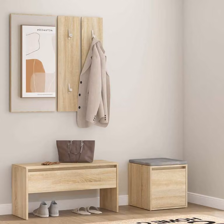 Set di mobili da corridoio vidaXL in legno multistrato marrone con panca, specchio, pannello e scarpiera